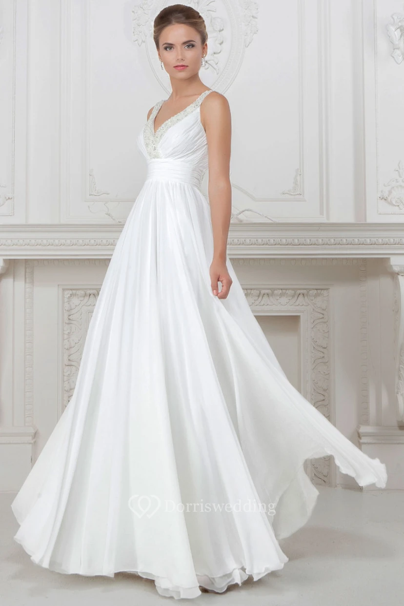 Sheath V-Neck Floor-Length Sleeveless Ruched Satin Wedding Dress With Beading