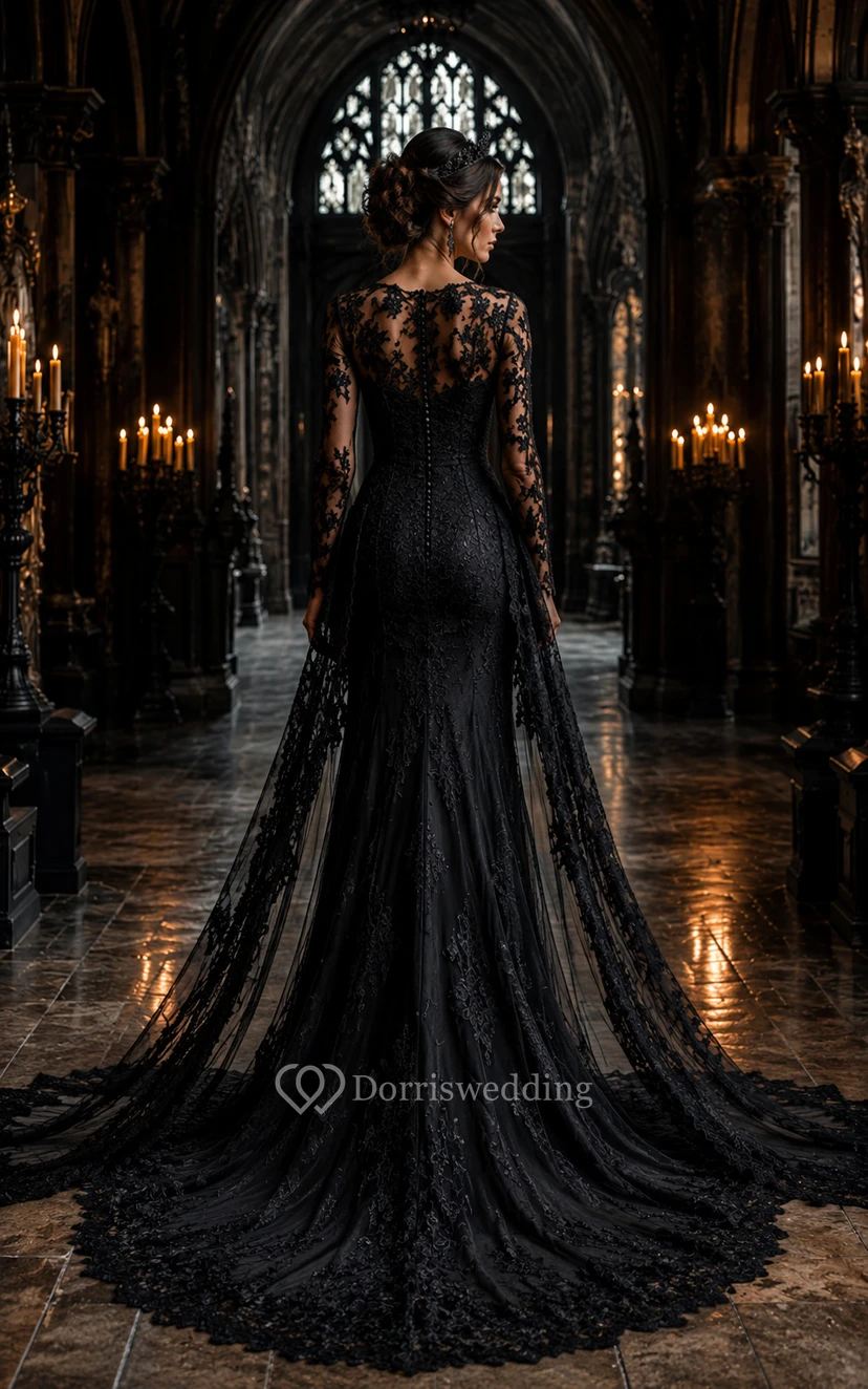 Black Long Sleeve Lace Cape Mermaid Wedding Dress view 2
