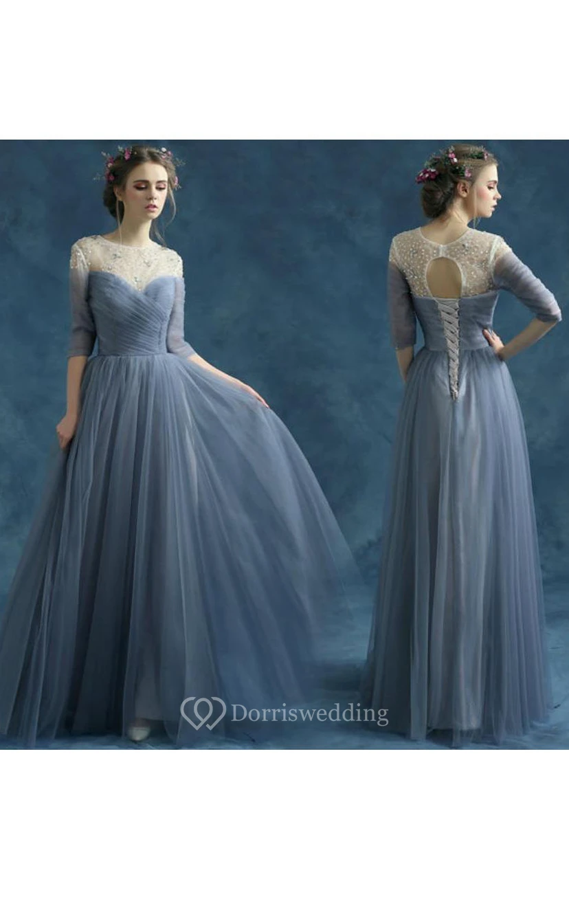 A-Linien-Kleid aus halben Ärmeln, langem, drapiertem Tüll mit Perlenstickerei view 3