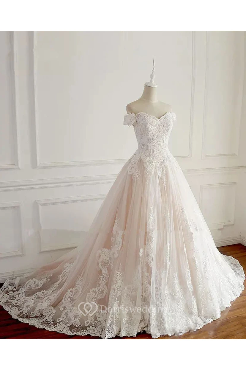 Off-the-shoulder A-line Floor-length Chapel Train Sleeveless Lace Tulle Princess Wedding Dress with Lace-up Back view 5