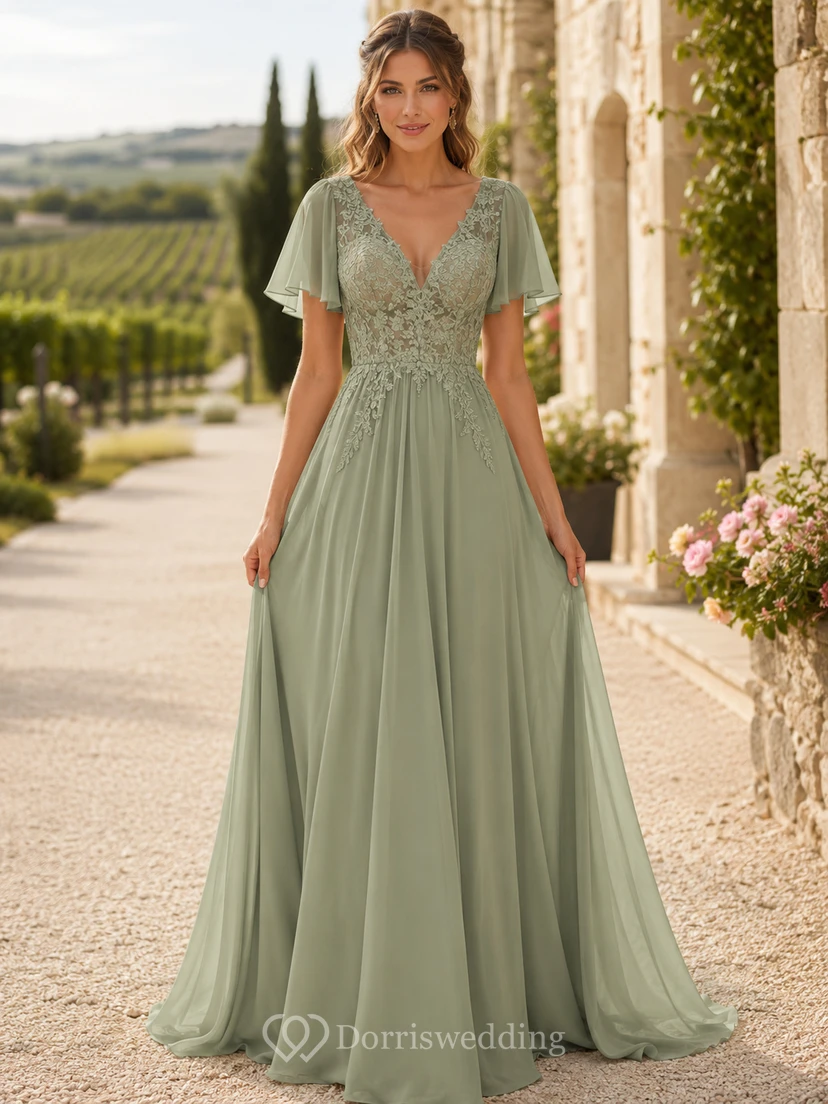 Romantisches Brautjungfernkleid aus Chiffon in Weinrot-Celadon, A-Linie, bodenlang, mit V-Ausschnitt und kurzen Ärmeln