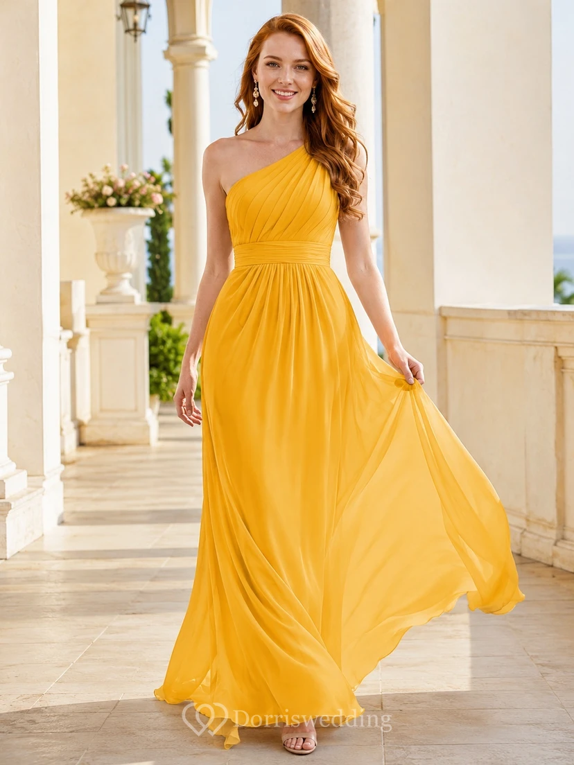 Vestido de gala romántico largo hasta el suelo, de gasa plisada de un solo hombro, color narciso, corte en A.