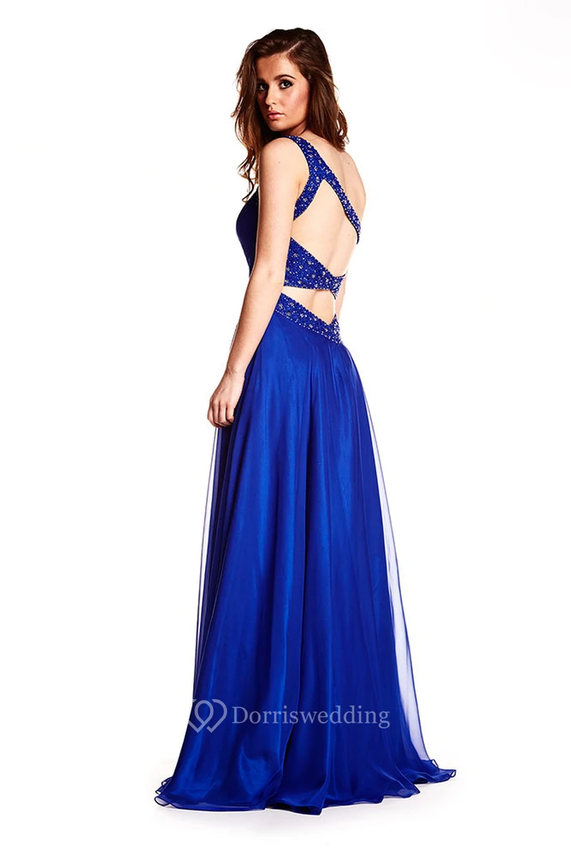 A-Line Sleeveless One-Shoulder Floor-Length Ruched Prom Dress With Straps And Beading view 2