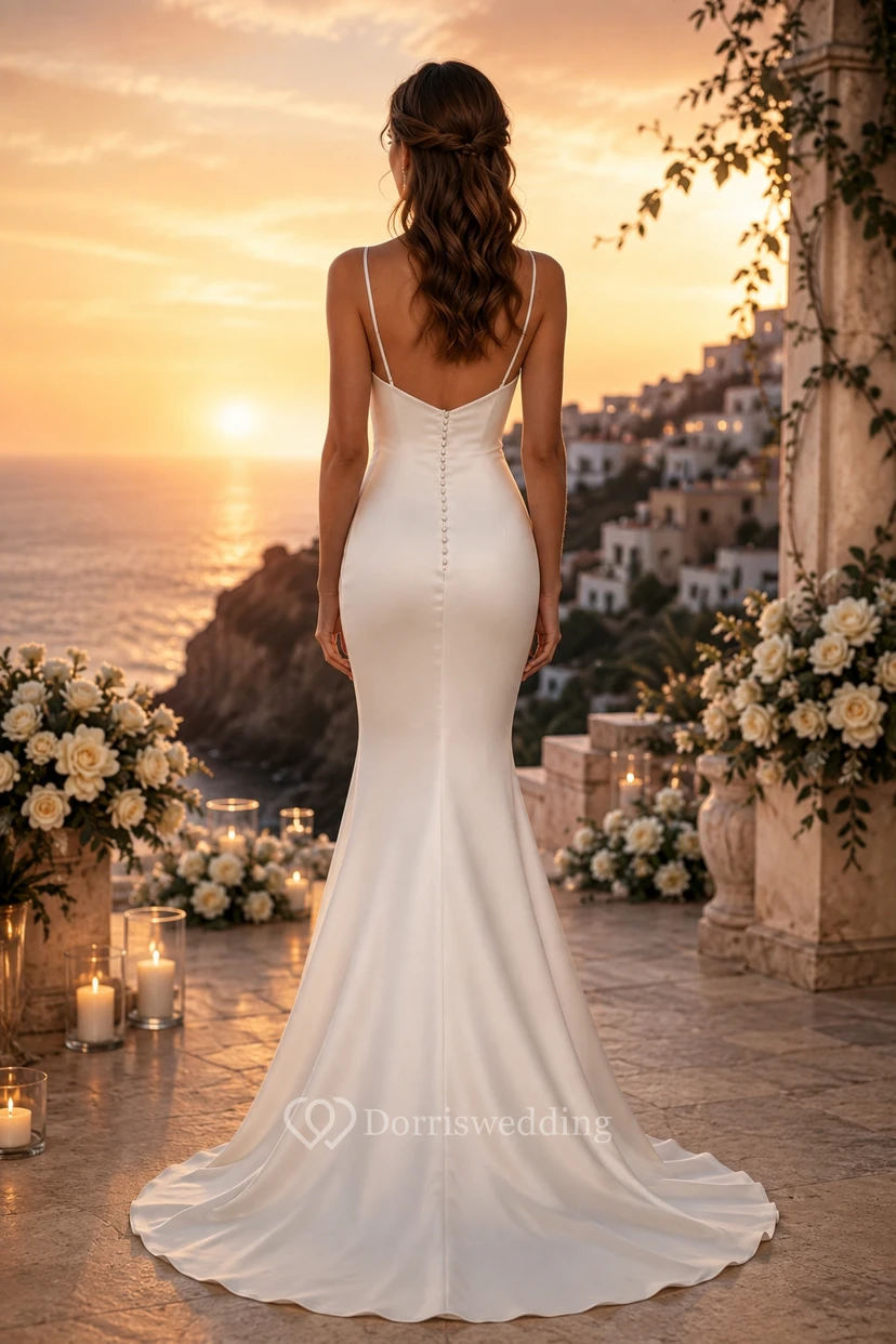 Simple Cowl Neck Satin Wedding Dress with Spaghetti Straps and Low Back Train view 2