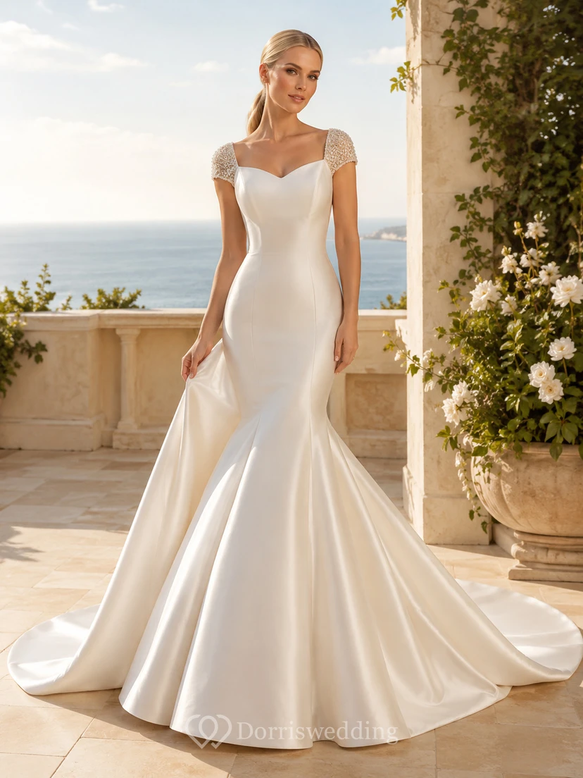 Robe de mariée sirène élégante en satin, décolleté cœur et manches en dentelle, traîne chapelle, pour un mariage de destination