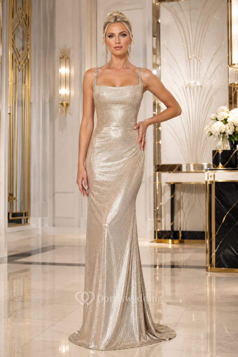 Vestido de fiesta ajustado de talla grande color champán metalizado con lentejuelas y tirantes de escote cuadrado.