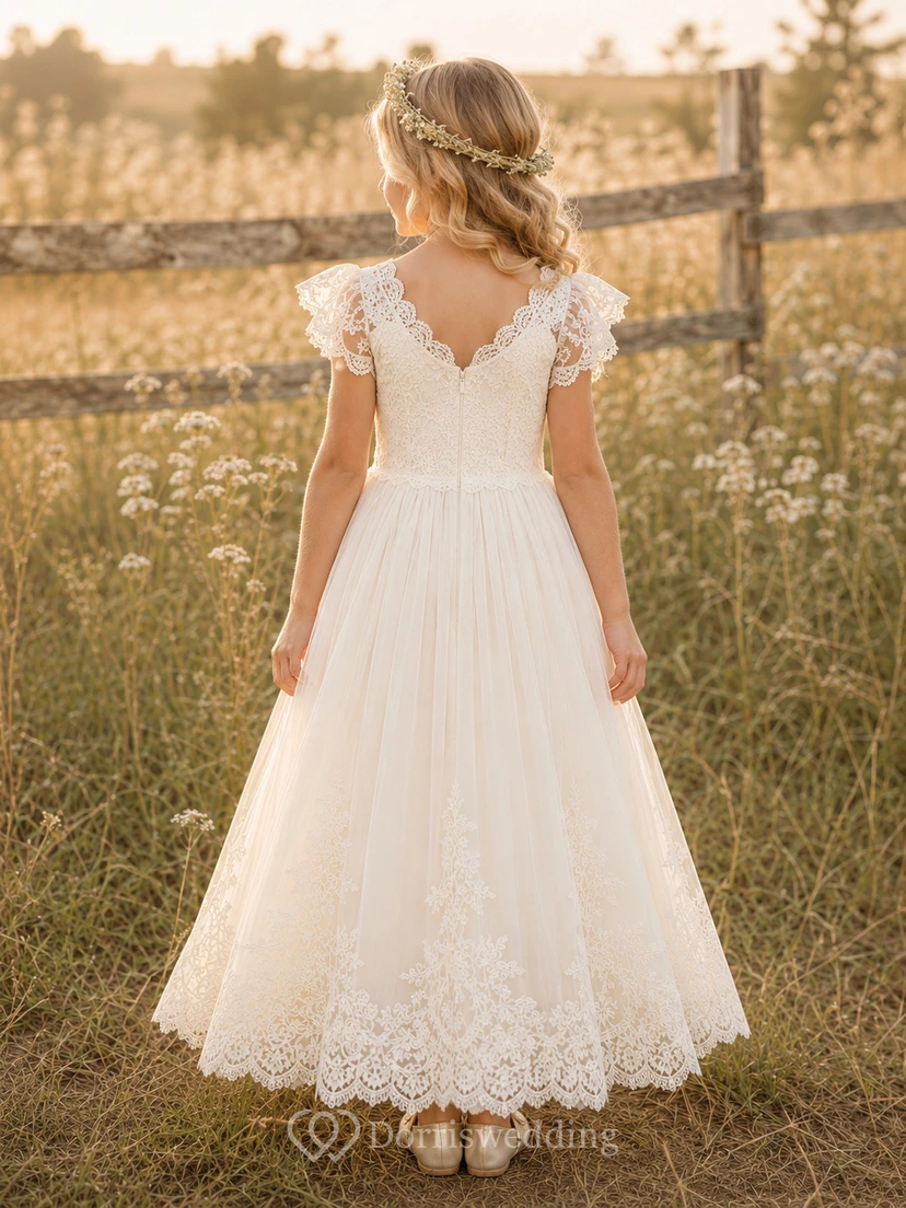 Robe de demoiselle d'honneur en tulle et dentelle ivoire à manches courtes view 2