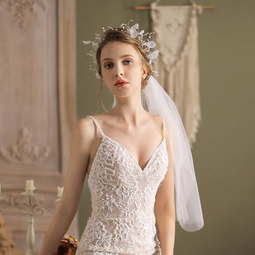 Soft Bridal Veil with Flower Headband