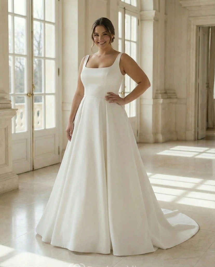 Robe de mariée simple en satin, coupe trapèze, col carré, sans manches, avec traîne view 3