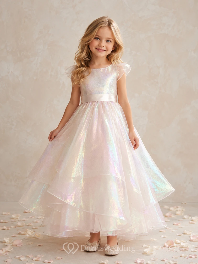 Vestido de niña de flores de organza iridiscente de corte A, estilo romántico, con mangas ilusión y escote redondo de brillo suave.