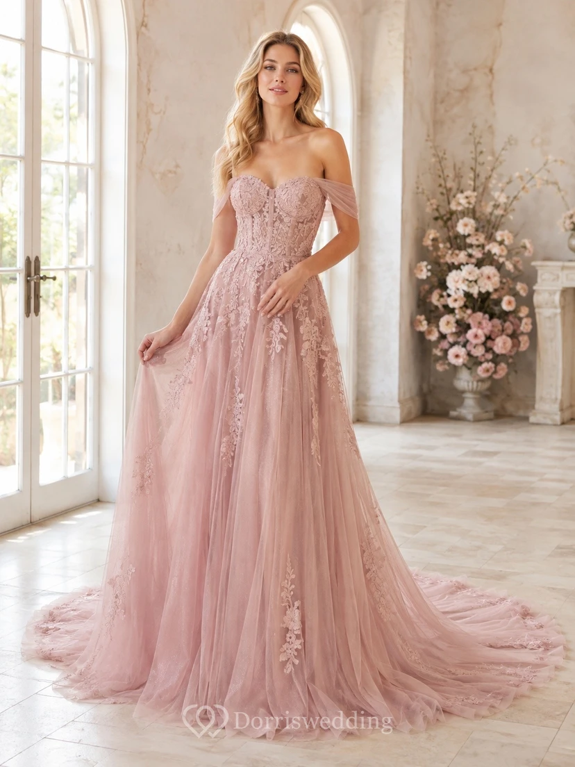 Vestido de novia bohemio romántico elegante con escote corazón, edición B, corte A y encaje.