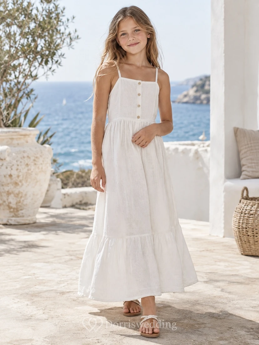 Simple Square Neck White Beach Spaghetti Strap Tiered Linen Flower Girl Dress