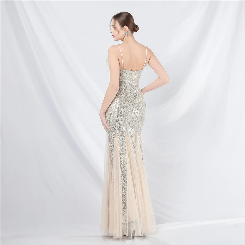 Craft Ostrich Feather Mesh Sequined Long Evening Dress view 15