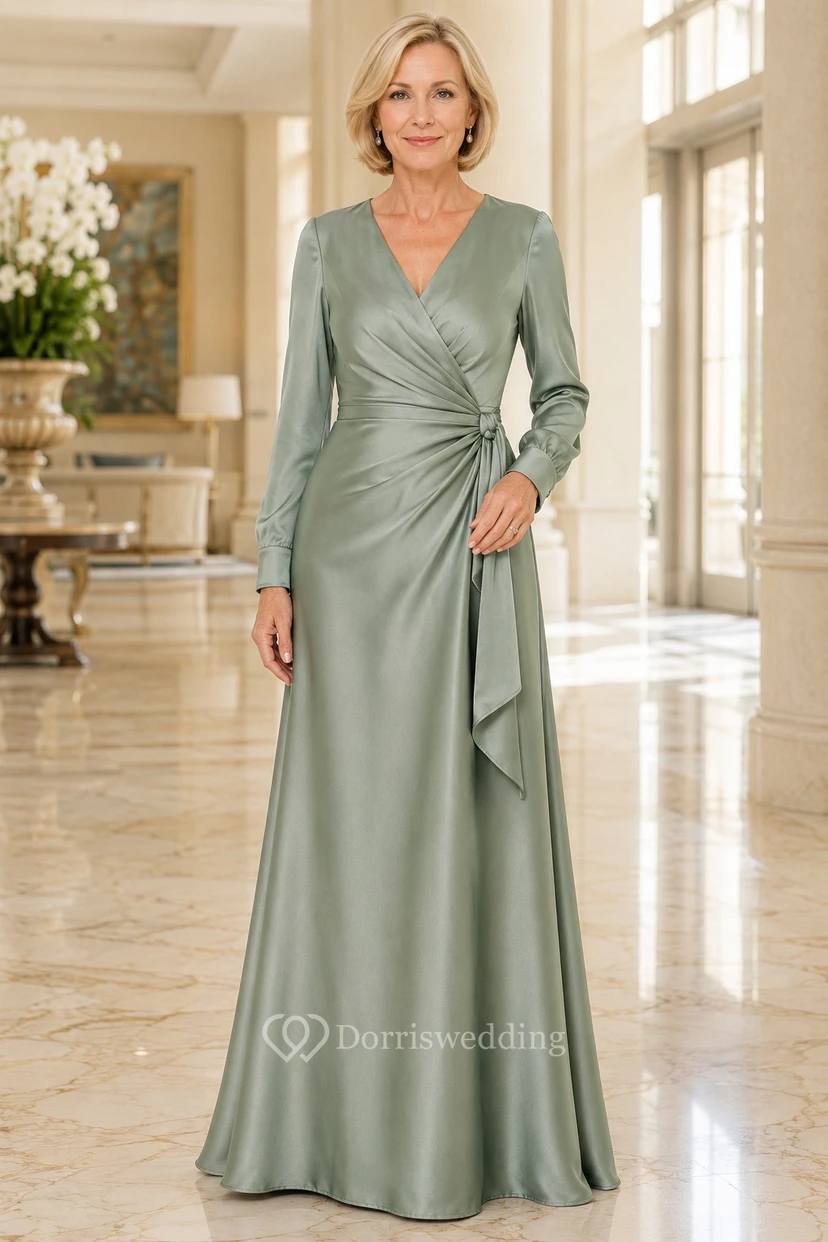 MOB-Kleid aus salbeifarbenem Satin, A-Linie, lange Ärmel, V-Ausschnitt, bodenlang, Rüschenbesatz