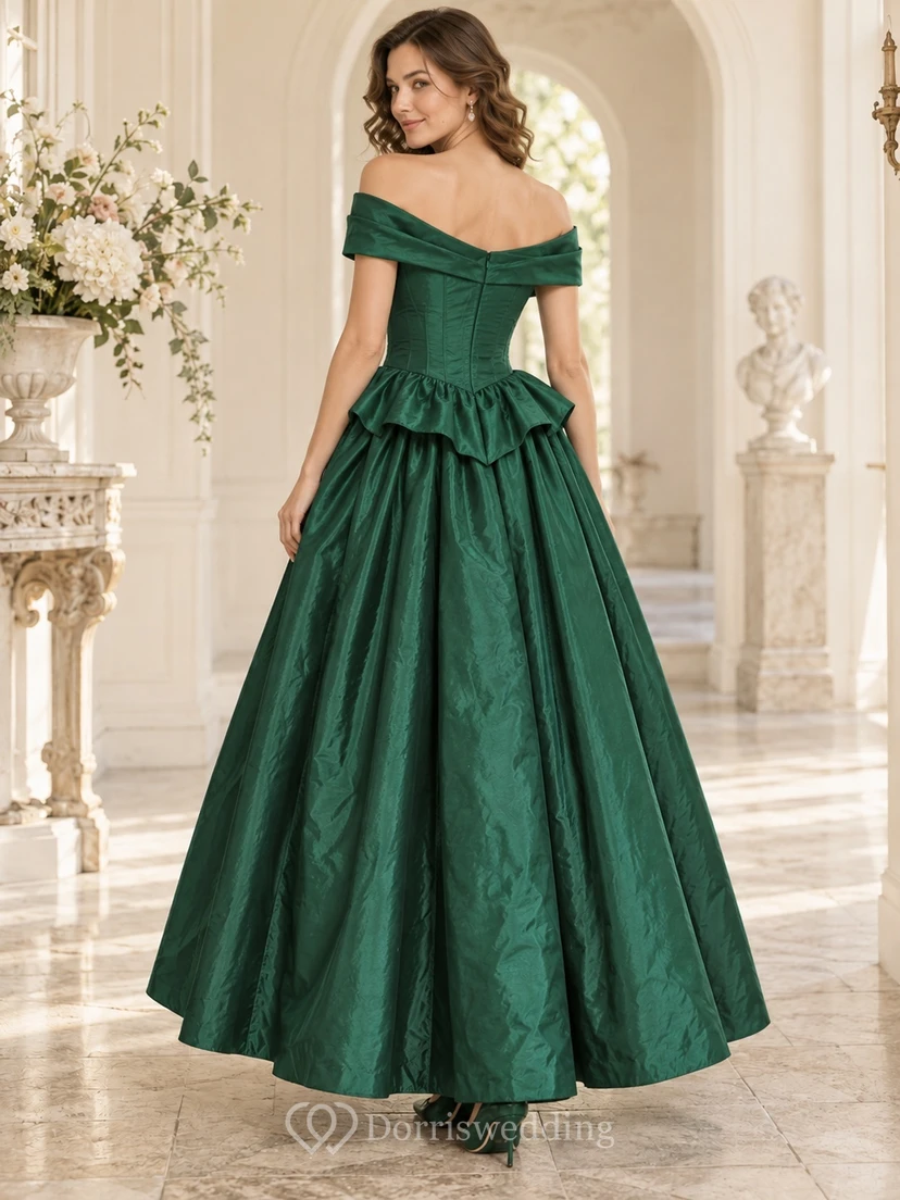 Vestido largo de dama de honor vintage de tafetán peplum verde oscuro con hombros descubiertos view 2