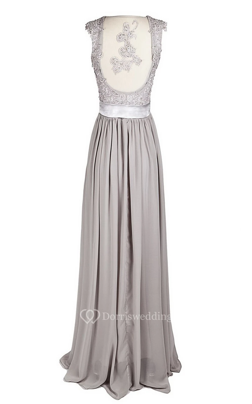 V-neck Long Ruffled Gown With Embroidered Bodice view 3