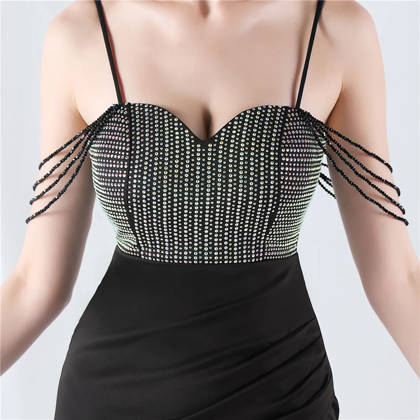 Hot Diamond Beaded High-Slit Satin Sexy Sling Evening Dress view 8
