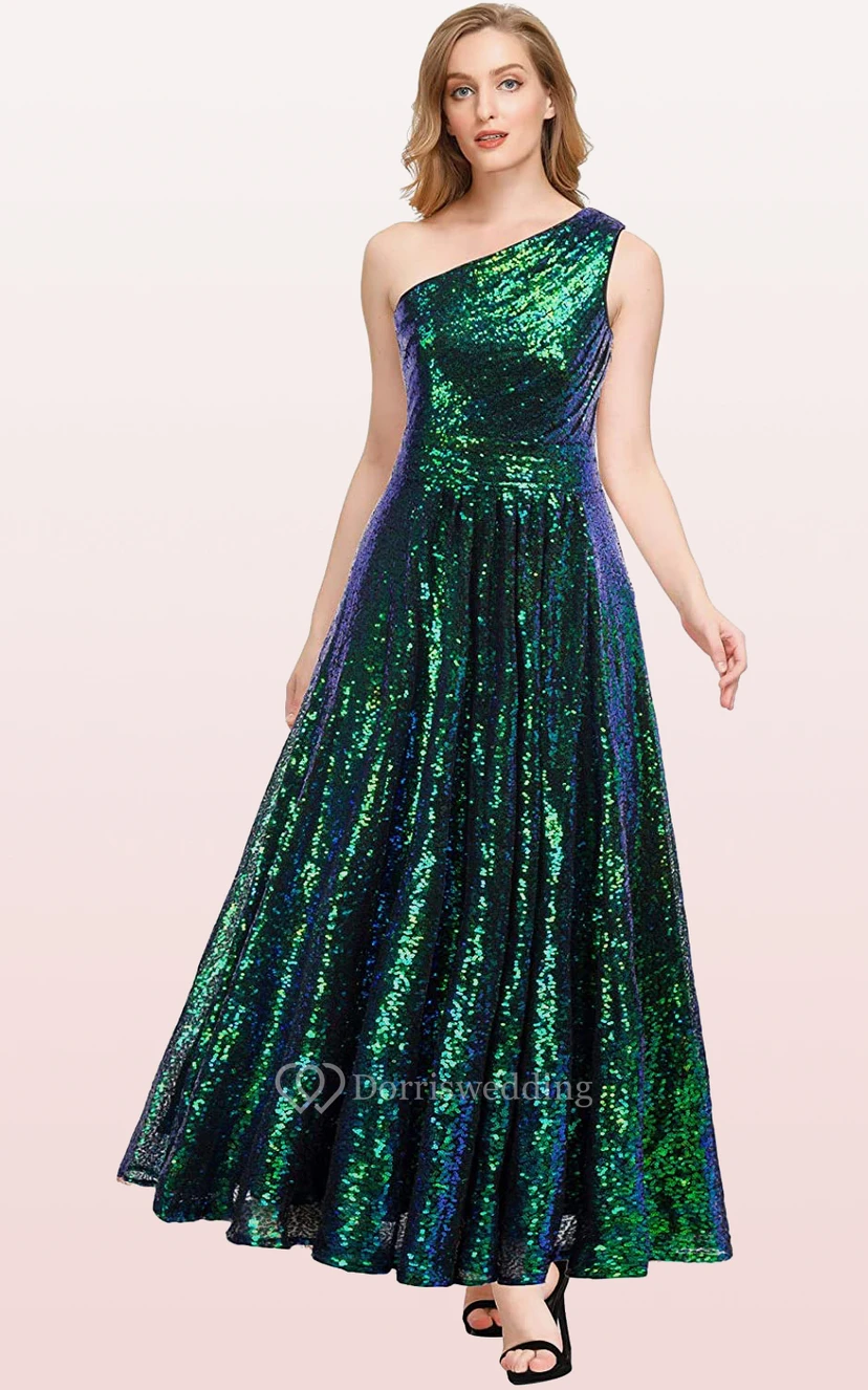Vintage-Brautjungfernkleid mit One-Shoulder-Ausschnitt, A-Linie, ärmellos, knöchellang, Pailletten und Raffungen view 4