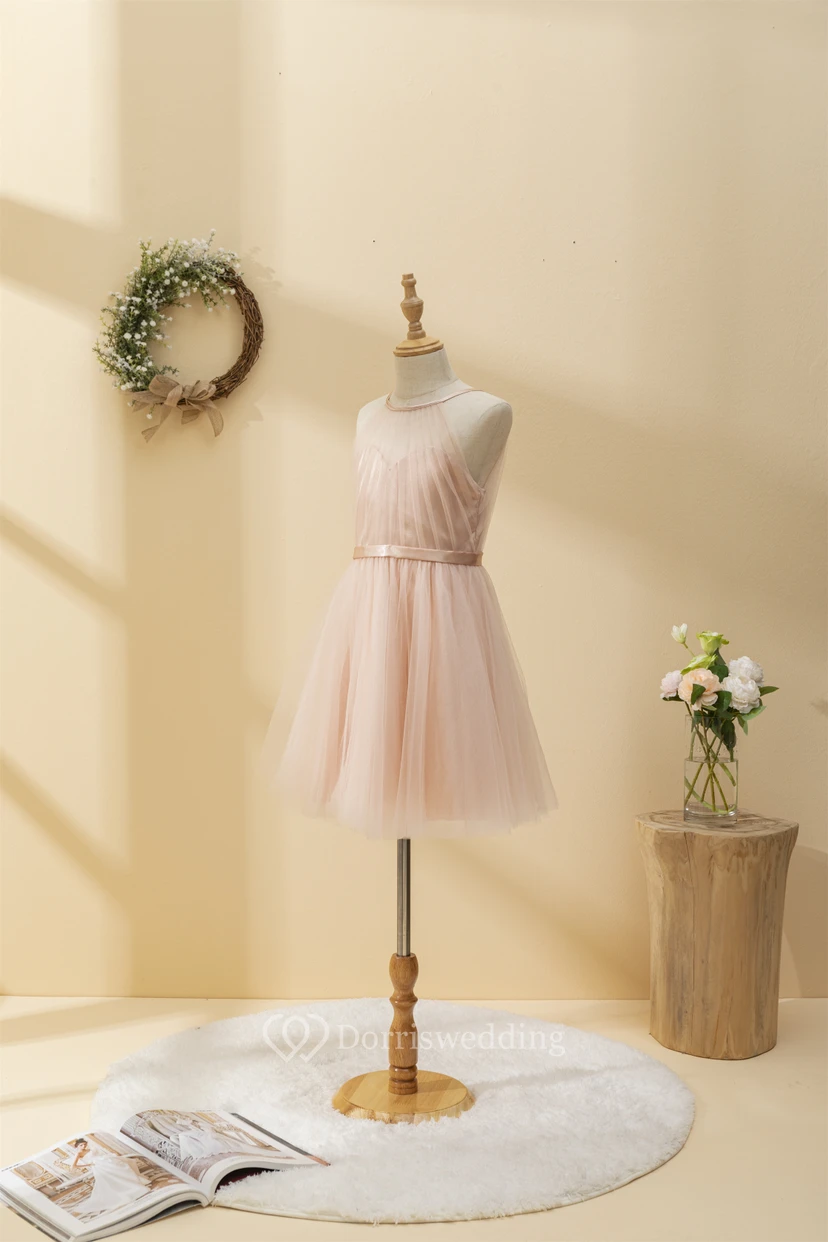 Adorable Coral Tulle Short Pleated Flowergirl Dress view 3