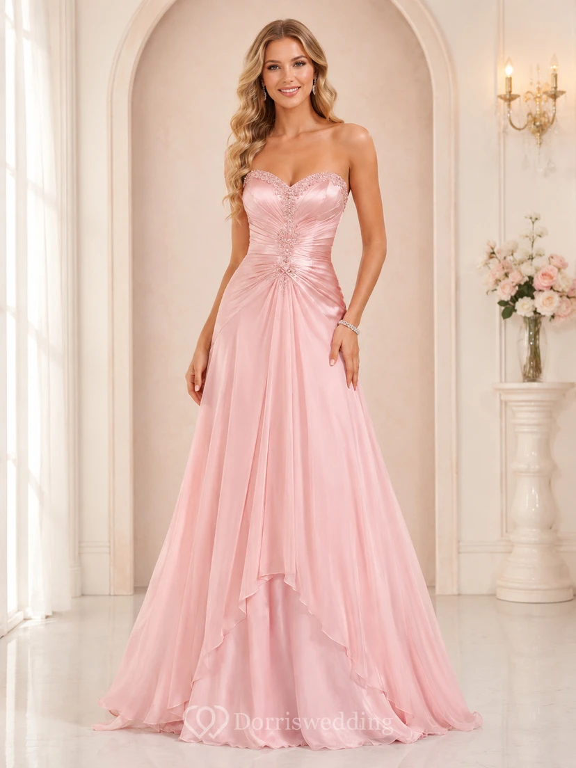 Vestido de fiesta formal romántico de gasa rosa rubor sin tirantes con escote corazón y fruncido, corte en A.
