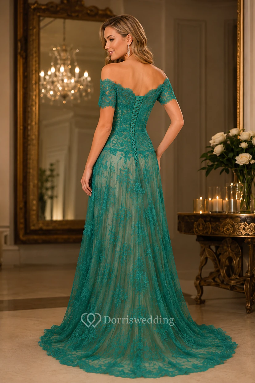 Scalloped Off-the-shoulder A-line Lace Long Dress With Short Sleeve view 2