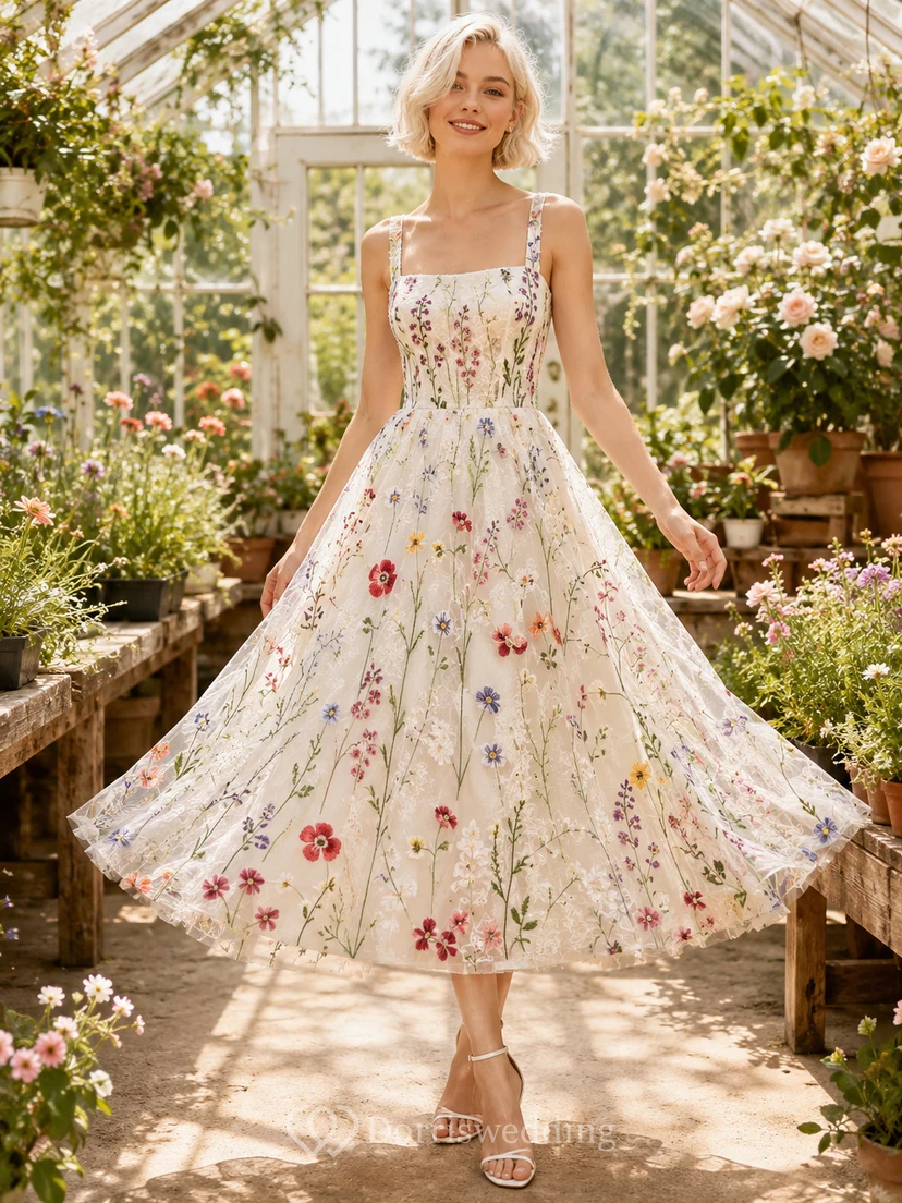 Colorful Floral Embroidered Tea Length Greenhouse Elopement Dress