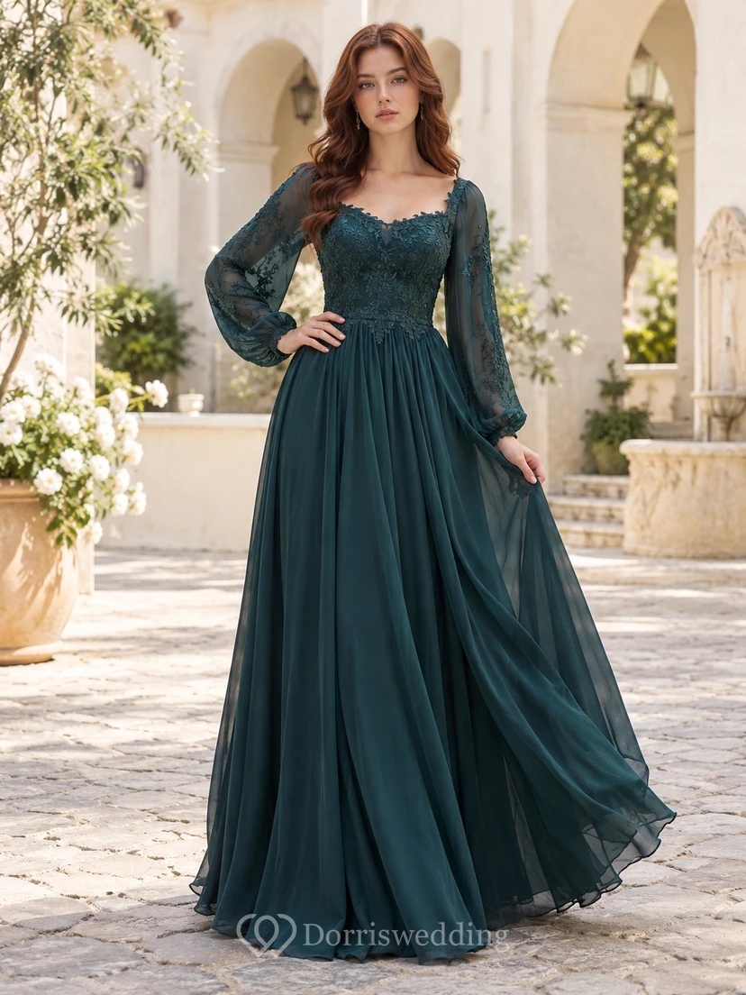 Boho Long Sleeve Peacock Sweetheart Lace Chiffon A-line Prom Dress