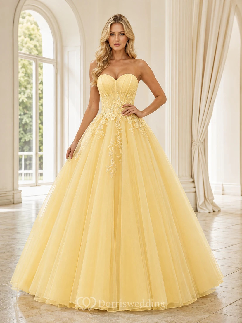 Luxury Daffodil Strapless Sweetheart Beaded-Applique Tulle Ball-Gown Floor-Length Prom Dress