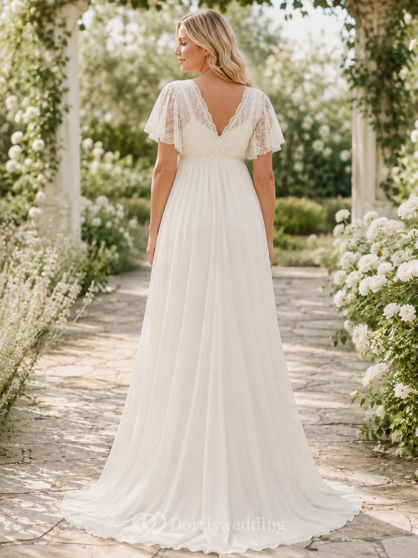 Umstandsbrautkleid mit V-Ausschnitt, flatternden Spitzenärmeln und Gartenbrautkleid view 2