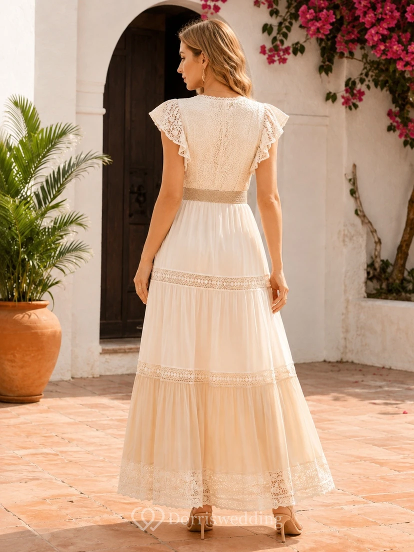 Boho-Kleid in Teelänge, elfenbeinfarben, mit Blumenmuster, V-Ausschnitt, kurzen Ärmeln und Stufenrock view 2