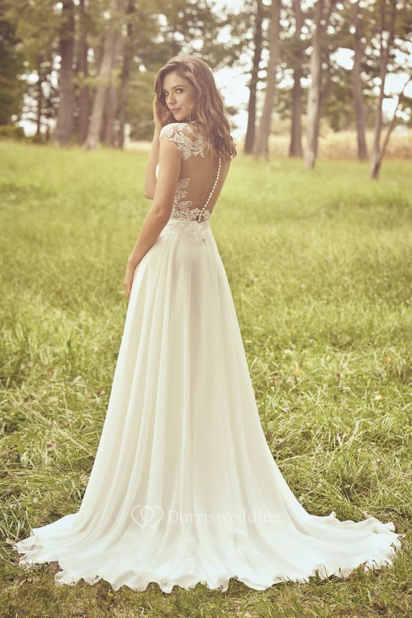 Boho-Hochzeitskleid aus Chiffon mit Applikationen, kurzen Ärmeln, tiefem V-Ausschnitt und transparentem Rücken aus Spitze view 2