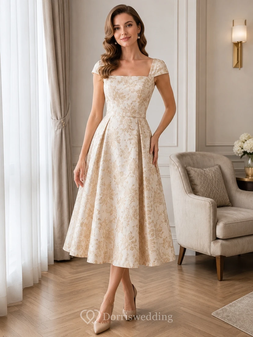 Vintage Cream Square Neck Cap Sleeve Floral Jacquard A-Line Tea-Length Elegant Reception Dress