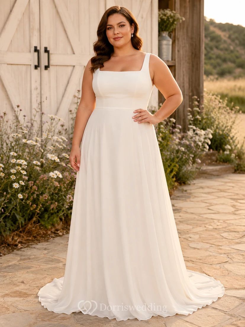 Chiffon-Hochzeitskleid, A-Linie, V-Ausschnitt, ärmellos, Kapellenschleppe, tiefer V-Ausschnitt am Rücken
