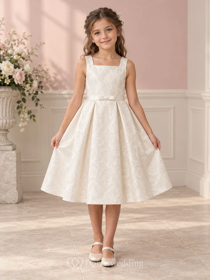 Tea-length Square Neck Ivory A-line Floral Textured Sleeveless Bow-back Flower Girl Dress