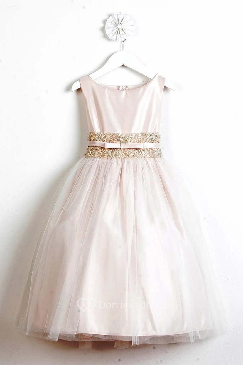 Tea-Length Bowed Tiered Tulle&Lace Flower Girl Dress With Sash