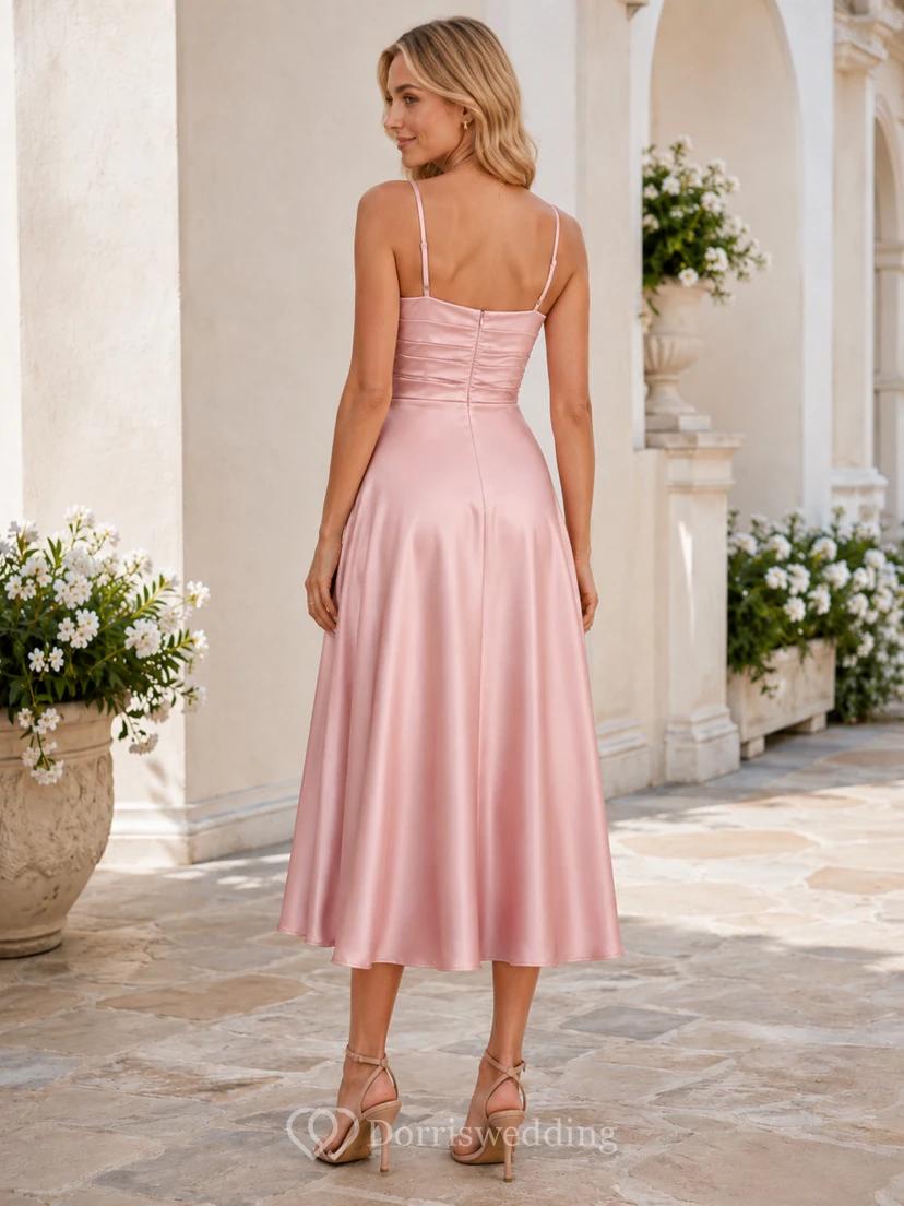 Blush Pink Affordable Spaghetti Strap Satin Tea Length A Line Slip Dress view 2