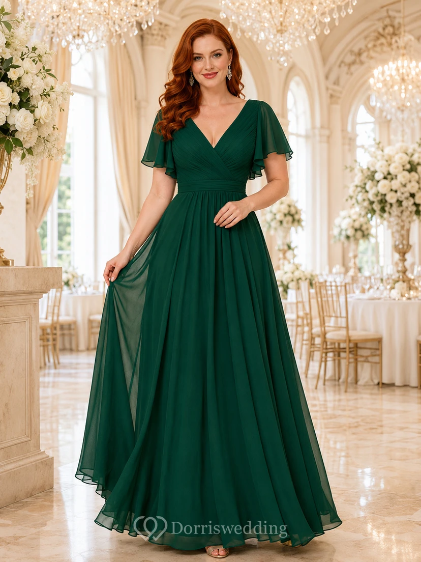 Emerald V-neck flutter sleeve chiffon A-line evening gown