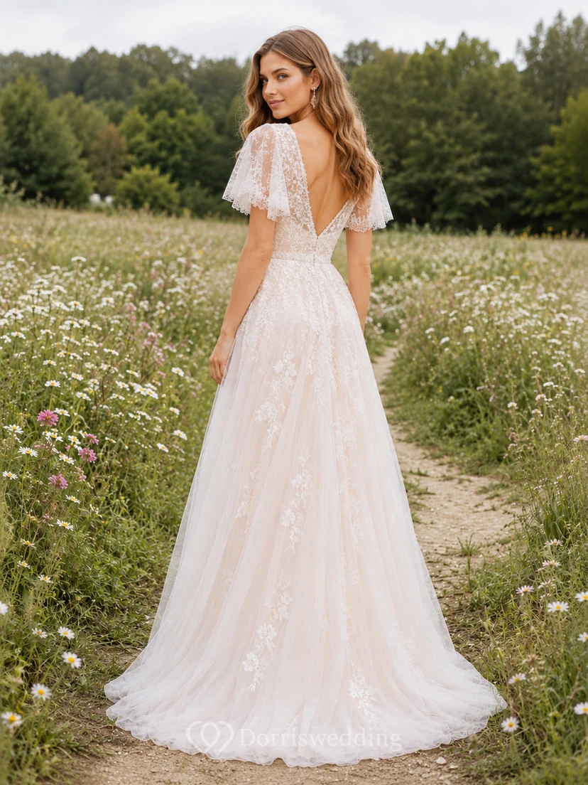 Flutter Sleeve Floral Lace Meadow A Line Bridal Gown view 2