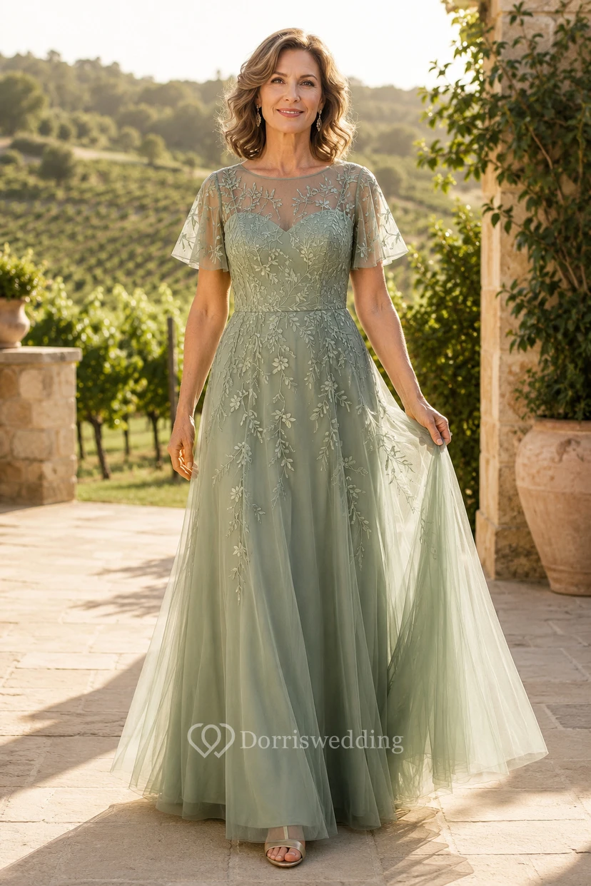 Sage Tulle A-Line Mother Dress With Lace Applique