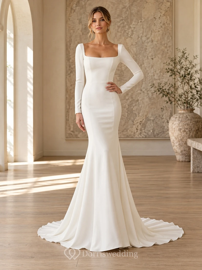 Simple Square Neck Long Sleeve Mermaid Minimalist Wedding Dress