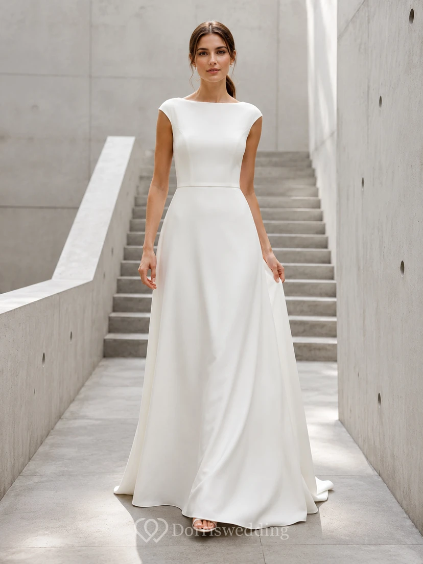 Vestido de novia moderno minimalista estilo barco con silueta en A para fugarse.