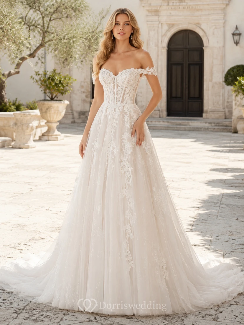 Robe de mariée romantique en dentelle et tulle, épaules dénudées, coupe trapèze courte, appliques chapelle, fermeture éclair classique au dos, longueur au sol