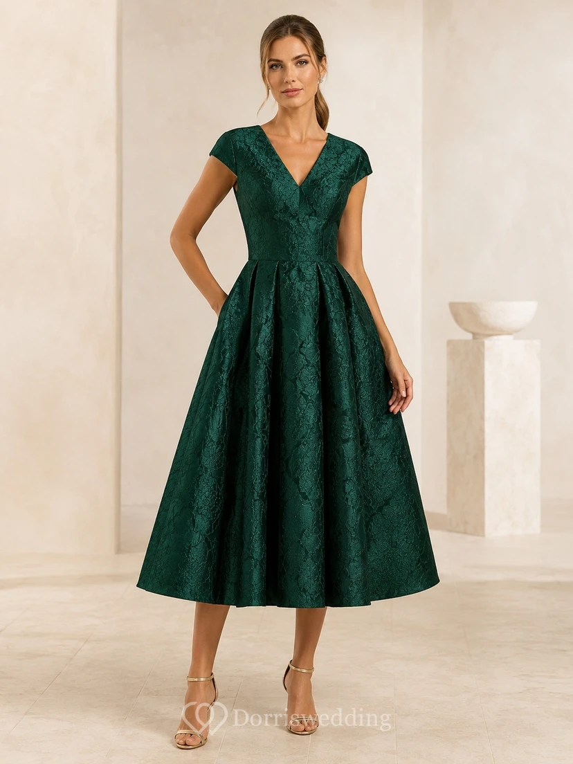 Dark Green Cap Sleeve V-Neck Lace Tea-Length Ball Gown Formal Guest Dress