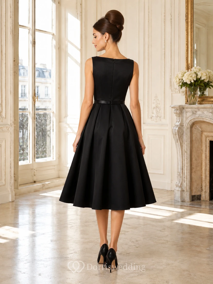 Noir Icon Black A-Line Tea-Length Bateau Sleeveless Satin Vintage Cocktail Dress view 2