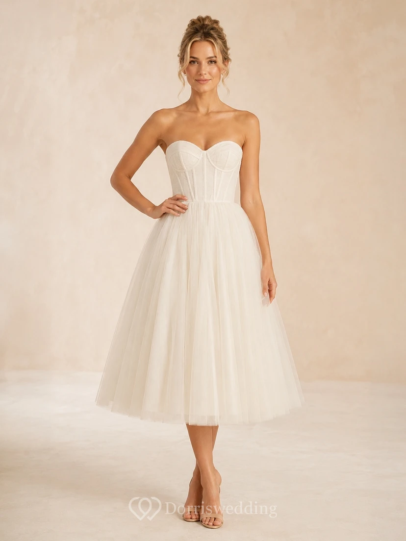 Strapless Sweetheart Tulle A-Line Tea-length Simple Elegant Bridal Dress