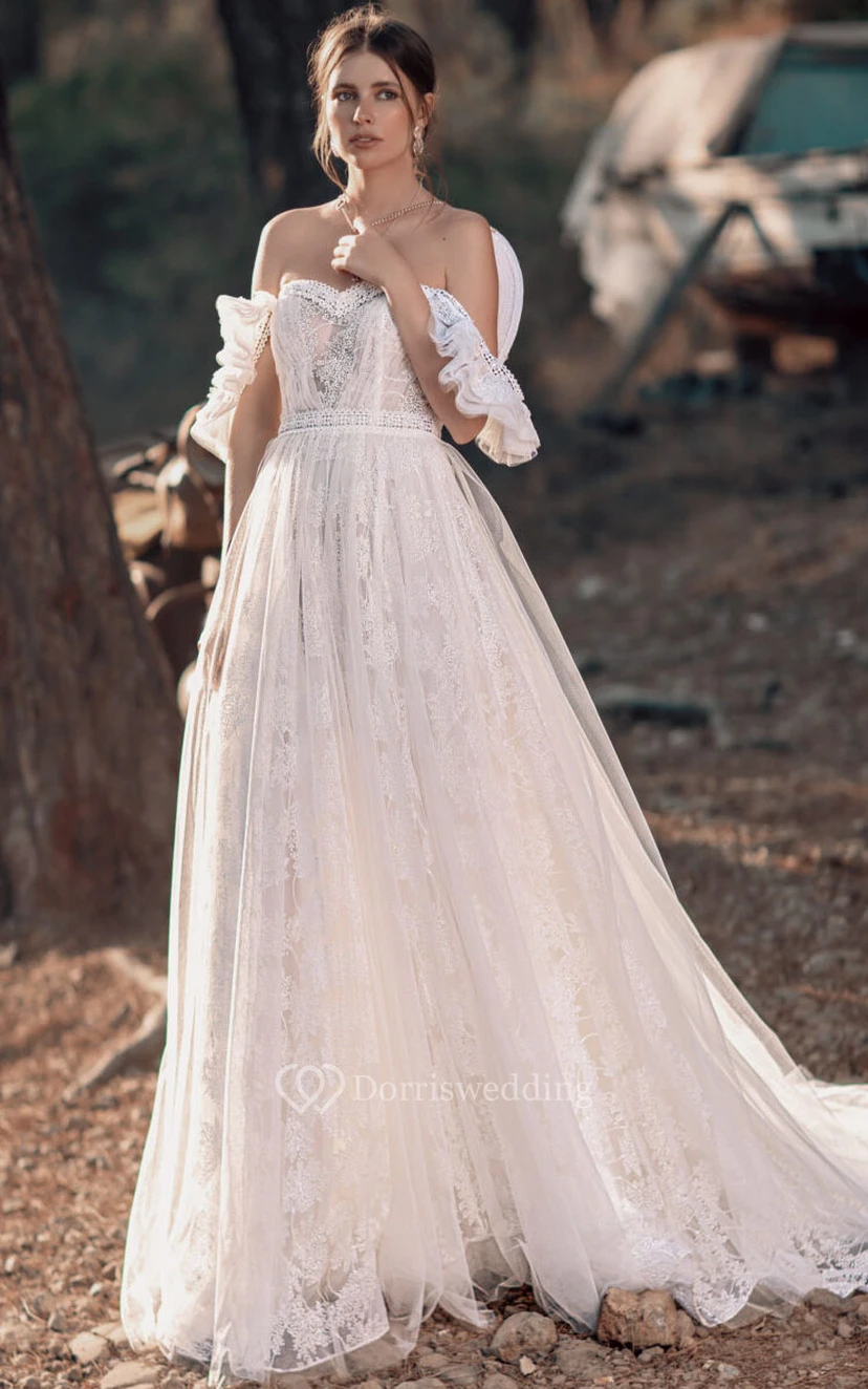 Sweetheart Empire Tulle Pleated Off-the-shoulder Lace A-line Boho Wedding Dress
