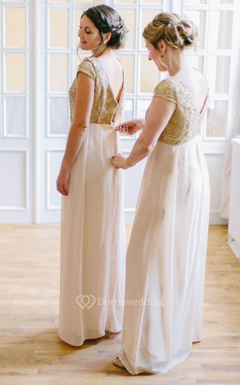 Cap-sleeved A-line Floor-length Dress with Lace and V-back view 2
