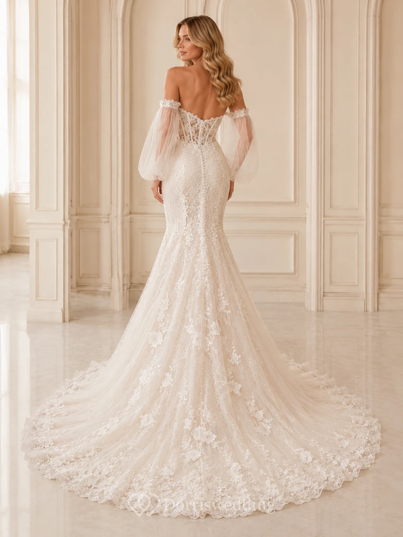 Robe de mariée sirène romantique à manches poétiques, épaules dénudées, dentelle florale et traîne chapelle view 2