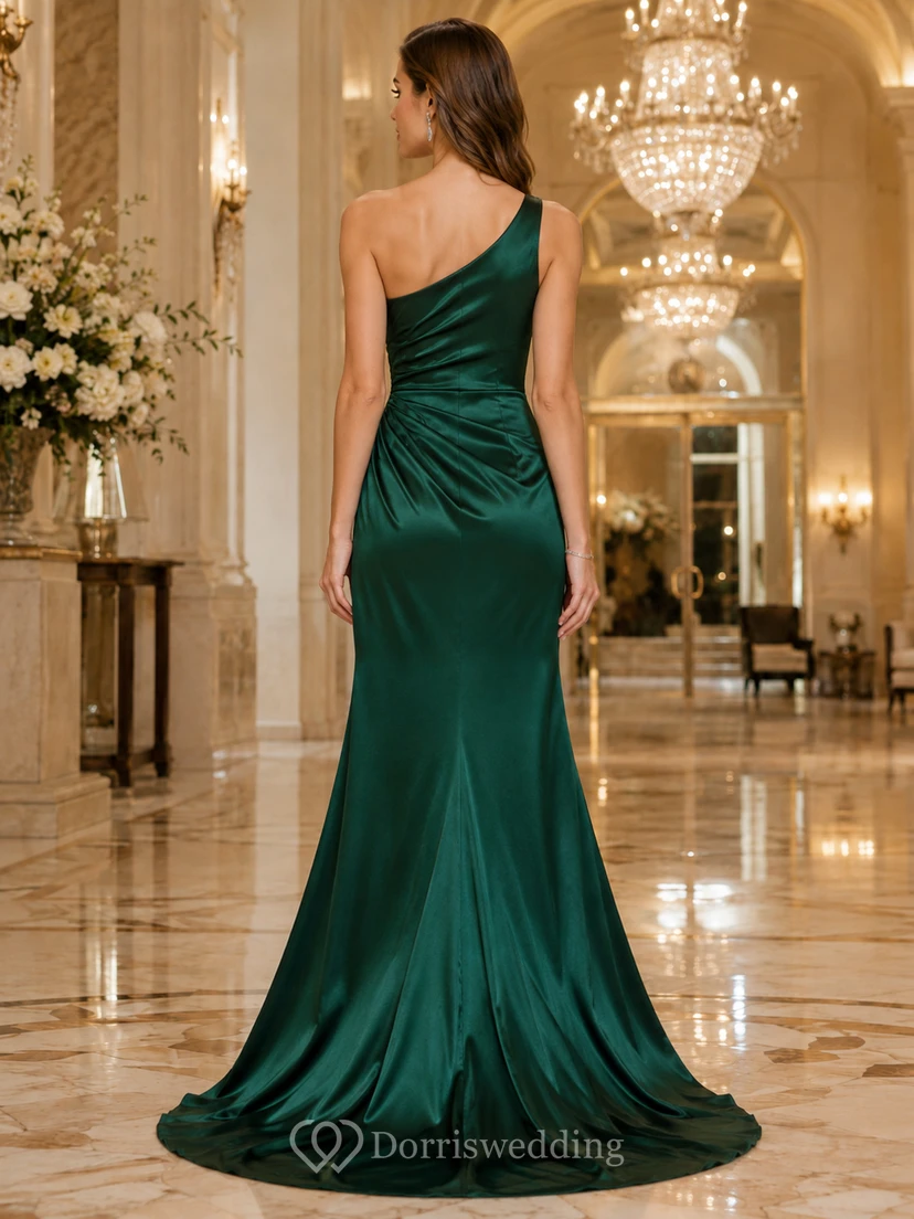 Dark Green One Shoulder Satin Charity Ball Gown view 2