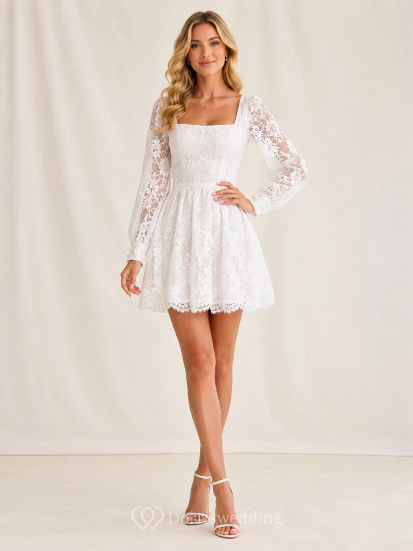 Romantic White Square Neck Long Sleeve Lace Homecoming Mini Dress